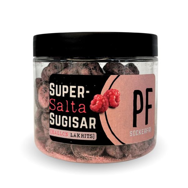 Pastillfabriken Supersalta Sugisar Hallon, Zuckerfreies extra salziges Lakritz mit Himbeer,120g